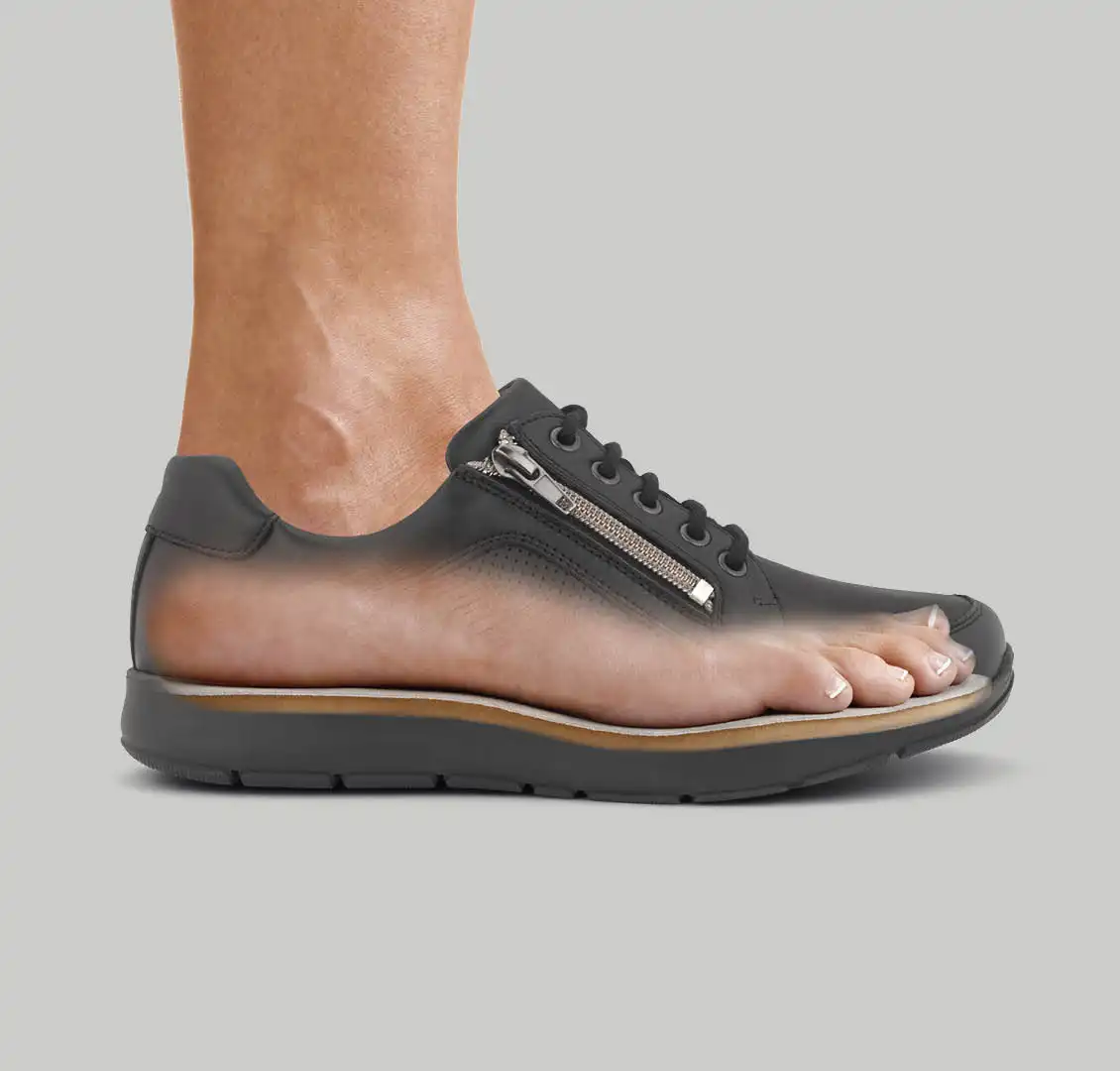 Nærbillede af en NewFeet sko med ergonomisk svangstøtte